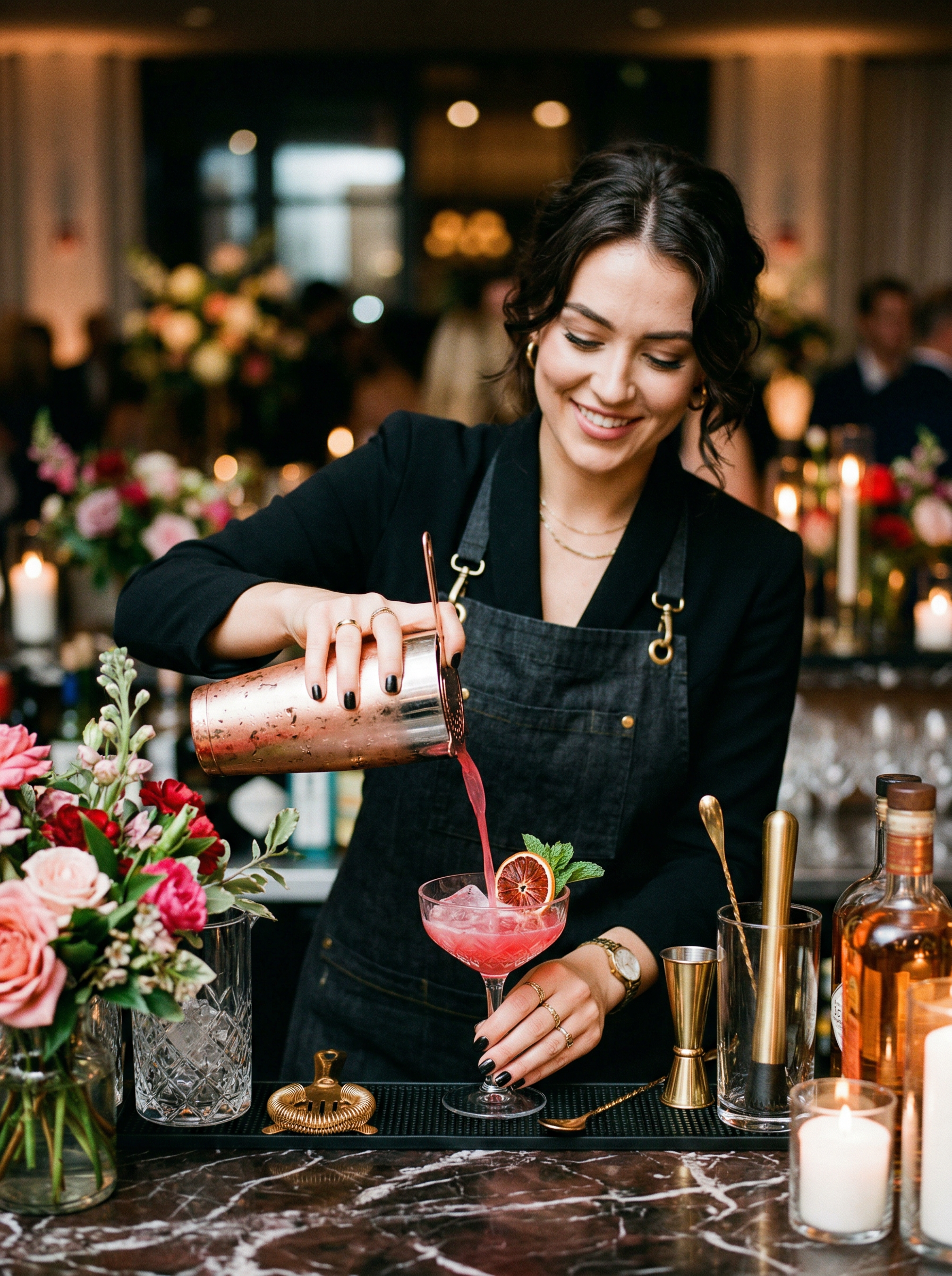 Sassy Sips lead bartender, poised and professional, ready to craft beautiful cocktails