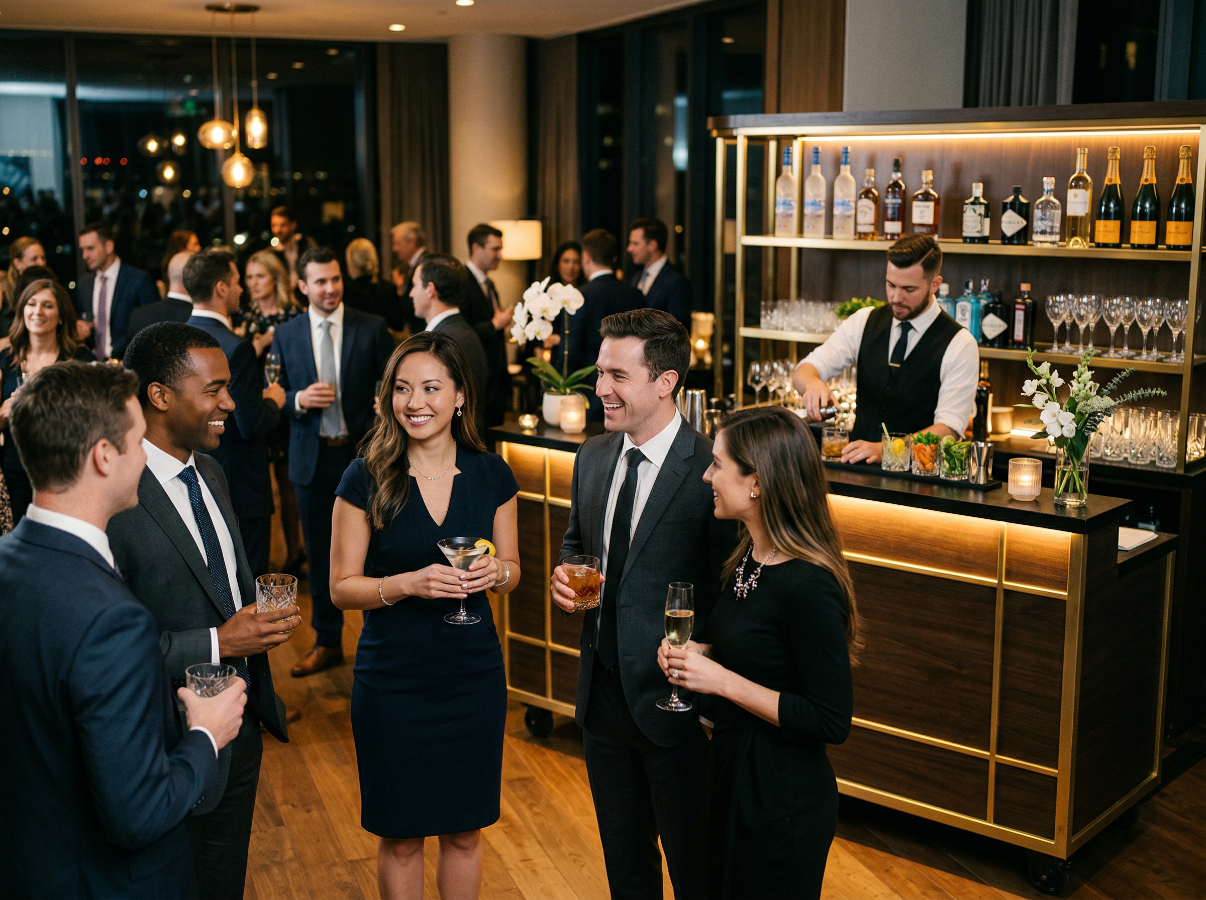 Professional corporate event with a stylish mobile bar and guests mingling