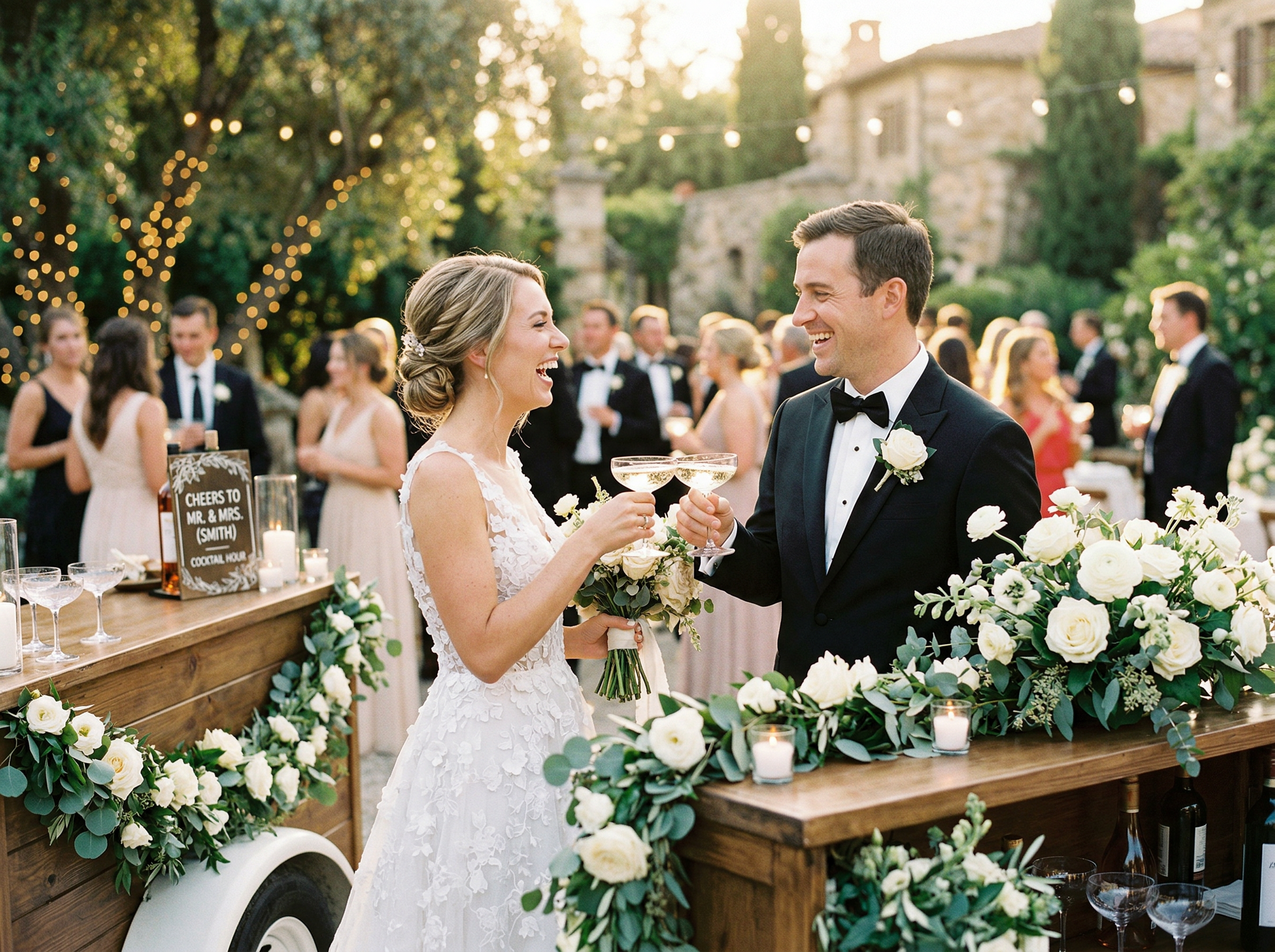 Elegant wedding event with Sassy Sips mobile bar setup surrounded by florals and soft candlelight